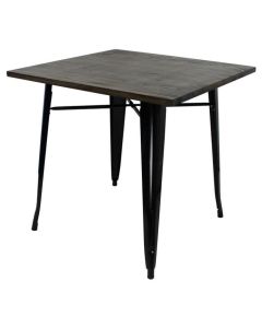 Profile view of gloss black Tolix dining table with dark oak top