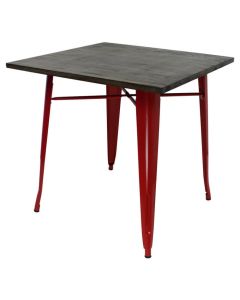 Profile view of red Tolix dining table with dark oak top