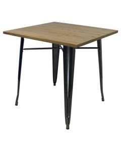 Profile view of gloss gun metal Tolix dining table with light oak top