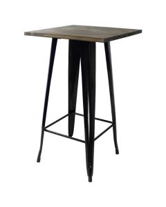 Profile view of gloss black Tolix bar table with dark oak top