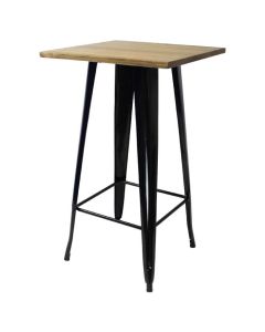 Profile view of gloss black Tolix bar table with light oak top