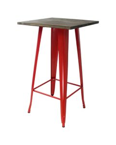 Profile view of red Tolix bar table with dark oak top
