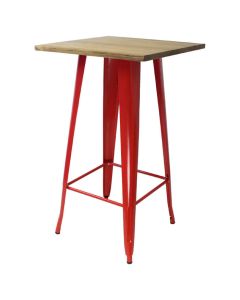 Profile view of red Tolix bar table with light oak top