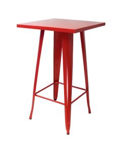 Profile view of red Tolix bar table