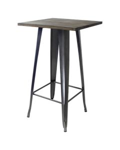 Profile view of gloss gun metal Tolix bar table with dark oak top