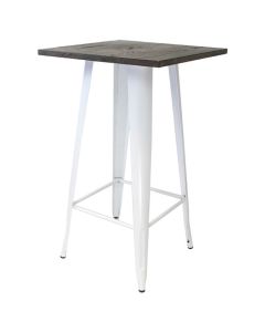 Profile view of white Tolix bar table with dark oak top