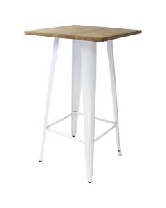 Profile view of white Tolix bar table with light oak top