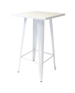 Profile view of white Tolix bar table
