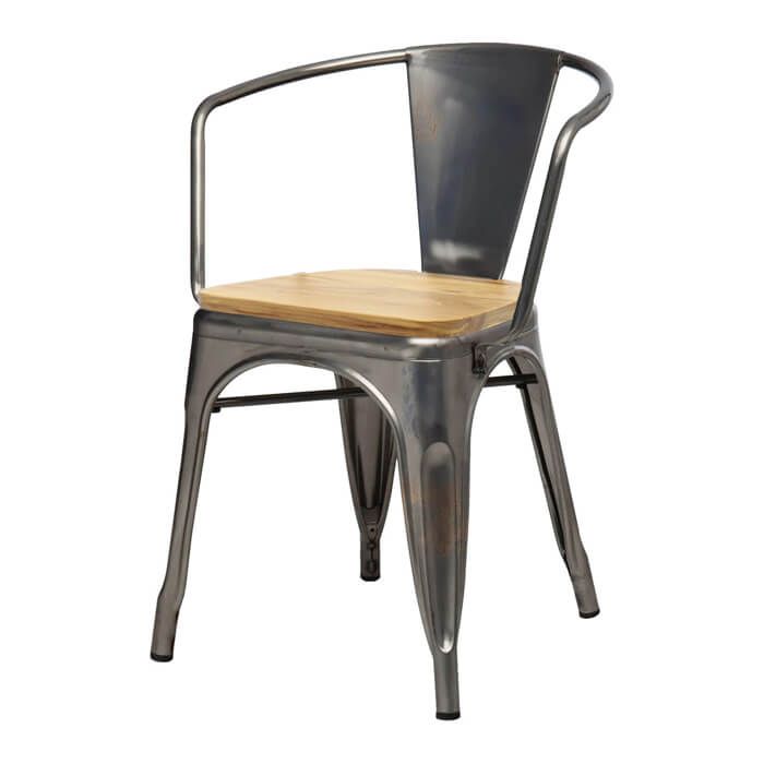 Tolix Style Bistro Armchair with Wooden Seat | Industrial Grey