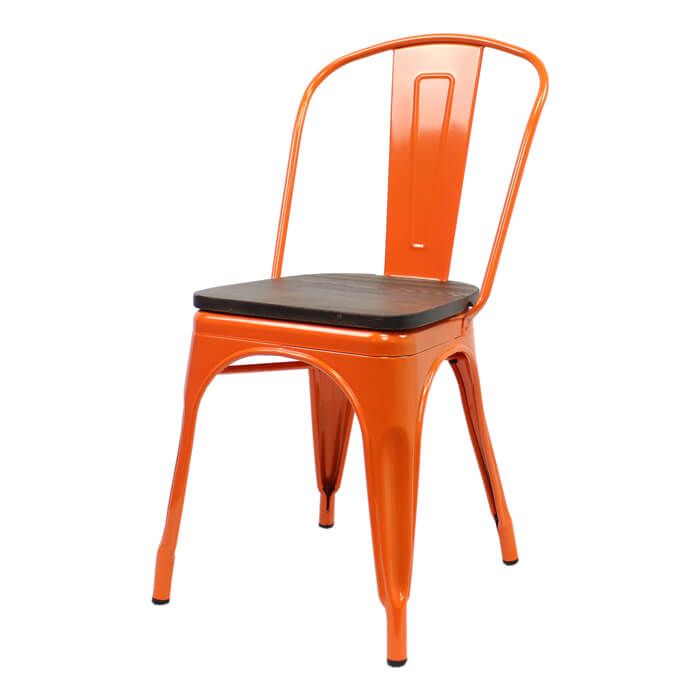 Tolix Style Bistro Chair with Wooden Seat | Orange