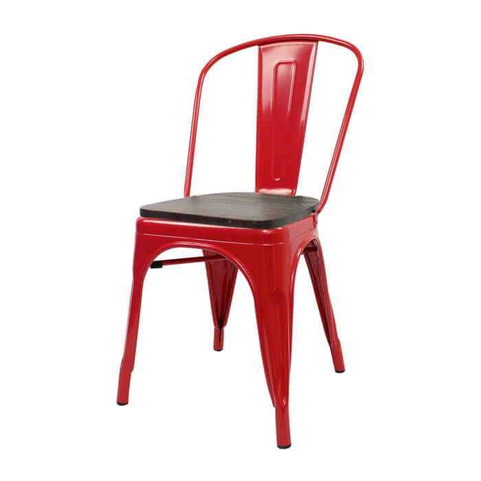 Tolix Style Bistro Chair with Wooden Seat | Red