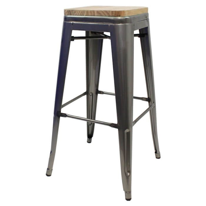 Tolix Style Bistro Bar Stool with Wooden Seat | Industrial Grey
