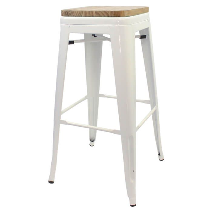 Tolix Style Bistro Bar Stool with Wooden Seat | White