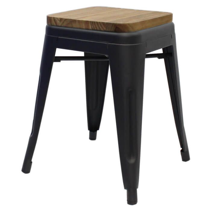 Tolix Style Bistro Low Stool with Wooden Seat | Matte Black