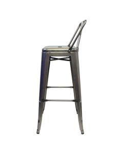 Profile view of industrial grey Tolix low back stool