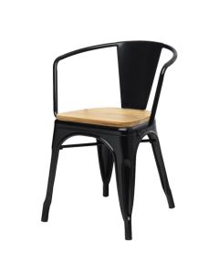 Tolix Style Bistro Armchair with Wooden Seat | Gloss Black