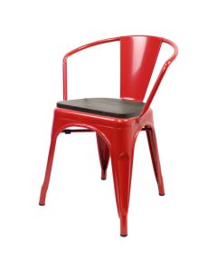 Tolix Style Bistro Armchair with Wooden Seat | Red