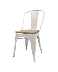 Tolix Style Bistro Chair with Wooden Seat | White