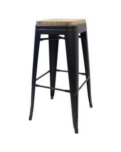 Tolix Style Bistro Bar Stool with Wooden Seat | Matte Black