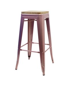 Tolix Style Bistro Bar Stool with Wooden Seat | Rose Gold