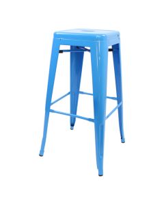 Profile view of blue Tolix bar stool
