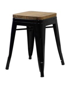 Tolix Style Bistro Low Stool with Wooden Seat | Gloss Black
