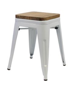 Tolix Style Bistro Low Stool with Wooden Seat | White