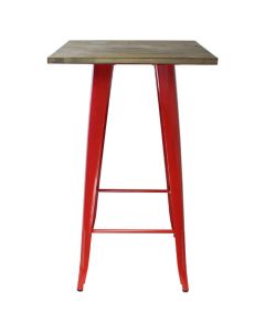Profile view of red Tolix bar table with dark oak top