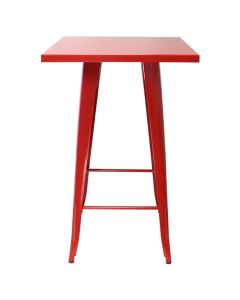 Profile view of red Tolix bar table