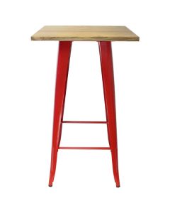 Profile view of red Tolix bar table with light oak top
