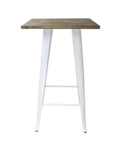 Profile view of white Tolix bar table with dark oak top
