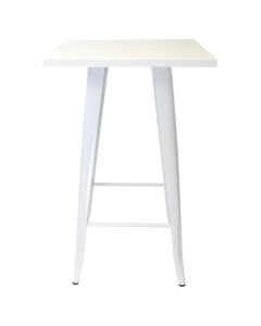 Profile view of white Tolix bar table