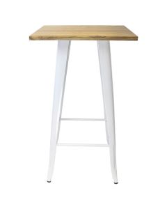 Profile view of white Tolix bar table with light oak top