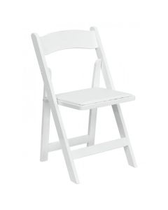 Profile view of white wooden folding chair